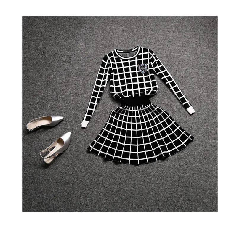Knit Long-sleeve Sweater Skirt Suits Women Sweet Beads Collar Knit Crochet grid Crop Top A-line Skirt Women's 2pcs Set
