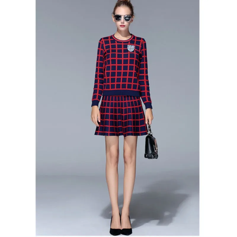 Knit Long-sleeve Sweater Skirt Suits Women Sweet Beads Collar Knit Crochet grid Crop Top A-line Skirt Women's 2pcs Set