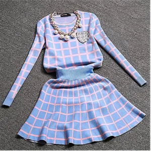 Knit Long-sleeve Sweater Skirt Suits Women Sweet Beads Collar Knit Crochet grid Crop Top A-line Skirt Women's 2pcs Set