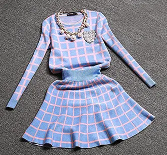 Knit Long-sleeve Sweater Skirt Suits Women Sweet Beads Collar Knit Crochet grid Crop Top A-line Skirt Women's 2pcs Set