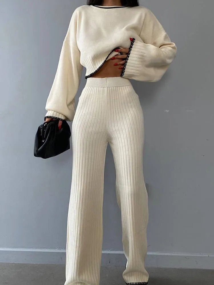 Knit Two Piece Crop Sweater Set For Women