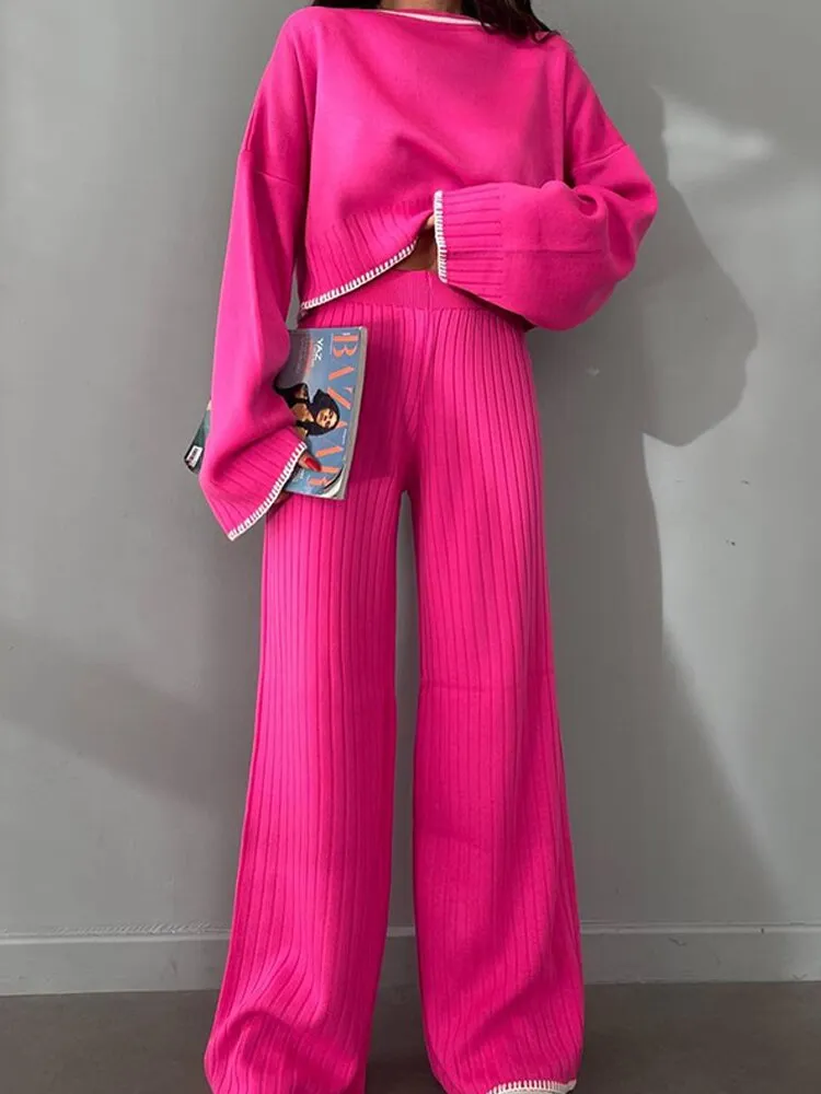 Knit Two Piece Crop Sweater Set For Women