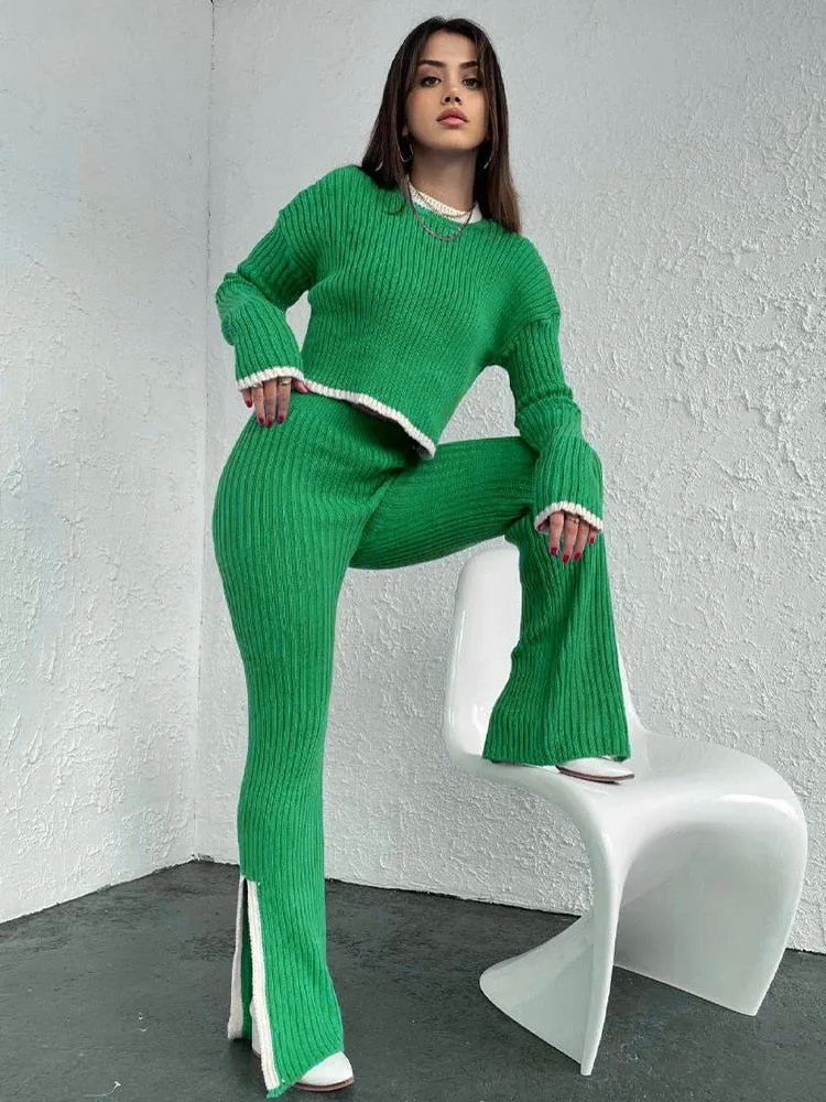 Knit Two Piece Crop Sweater Set For Women