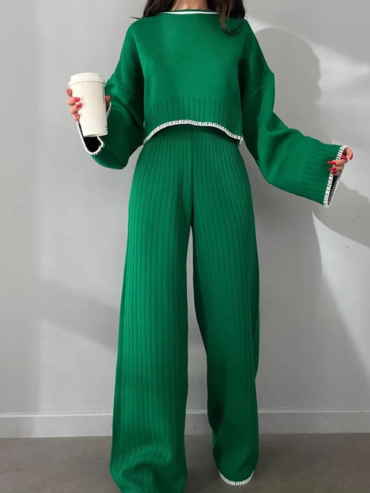 Knit Two Piece Crop Sweater Set For Women