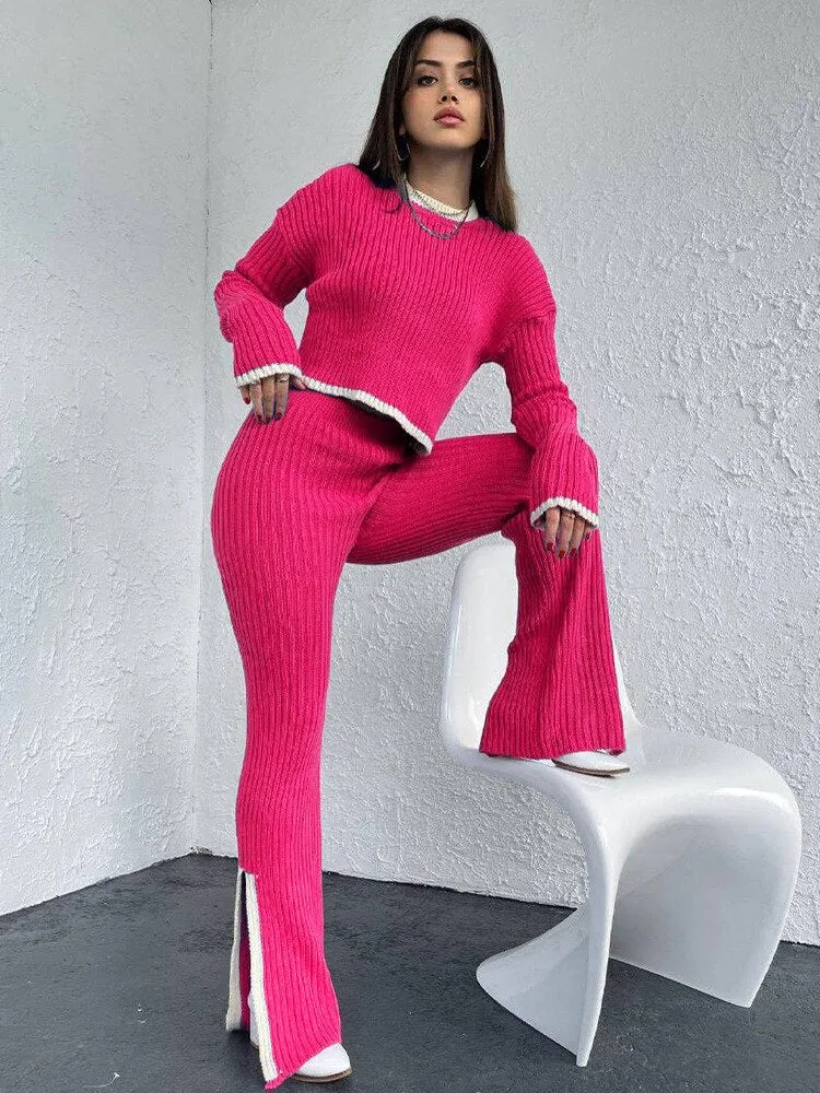 Knit Two Piece Crop Sweater Set For Women