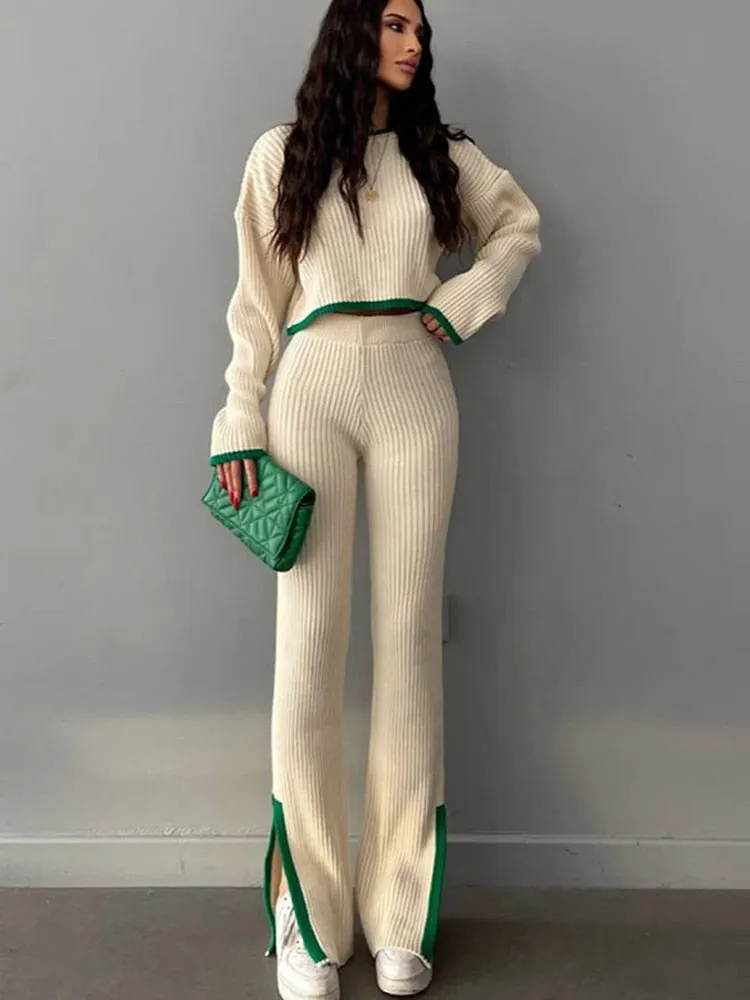 Knit Two Piece Crop Sweater Set For Women