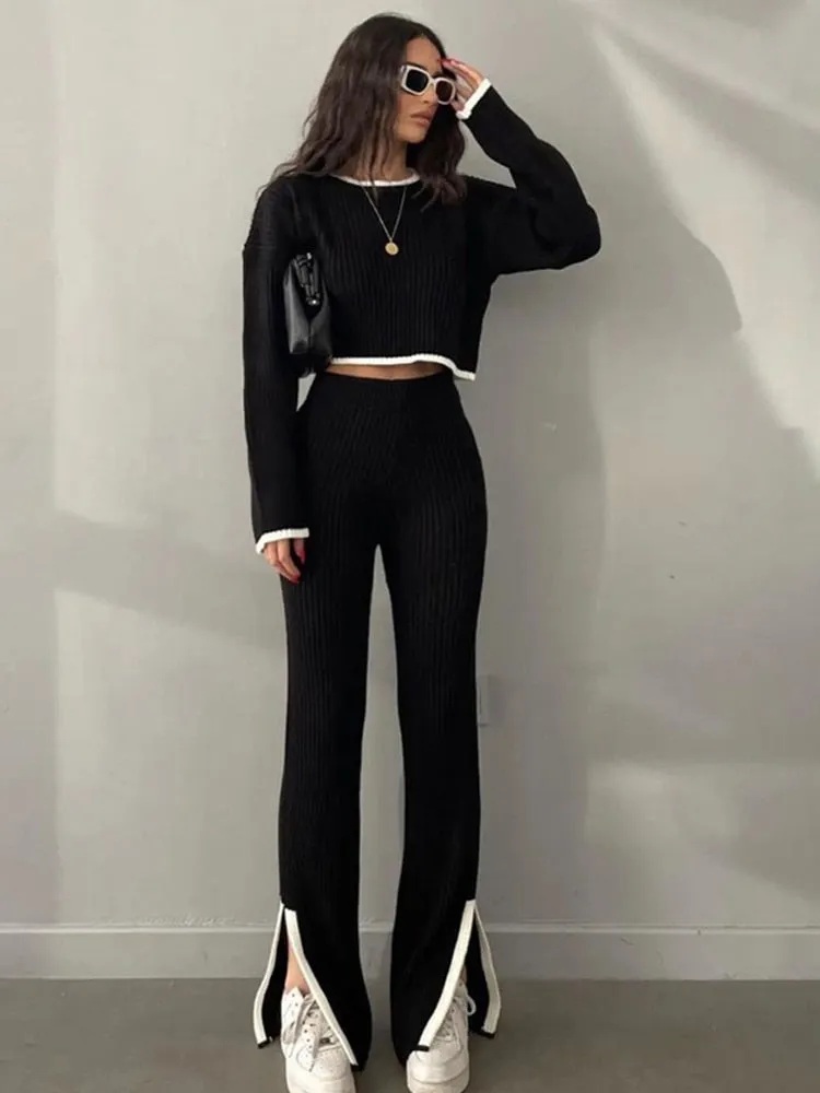 Knit Two Piece Crop Sweater Set For Women