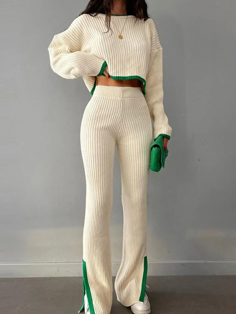 Knit Two Piece Crop Sweater Set For Women