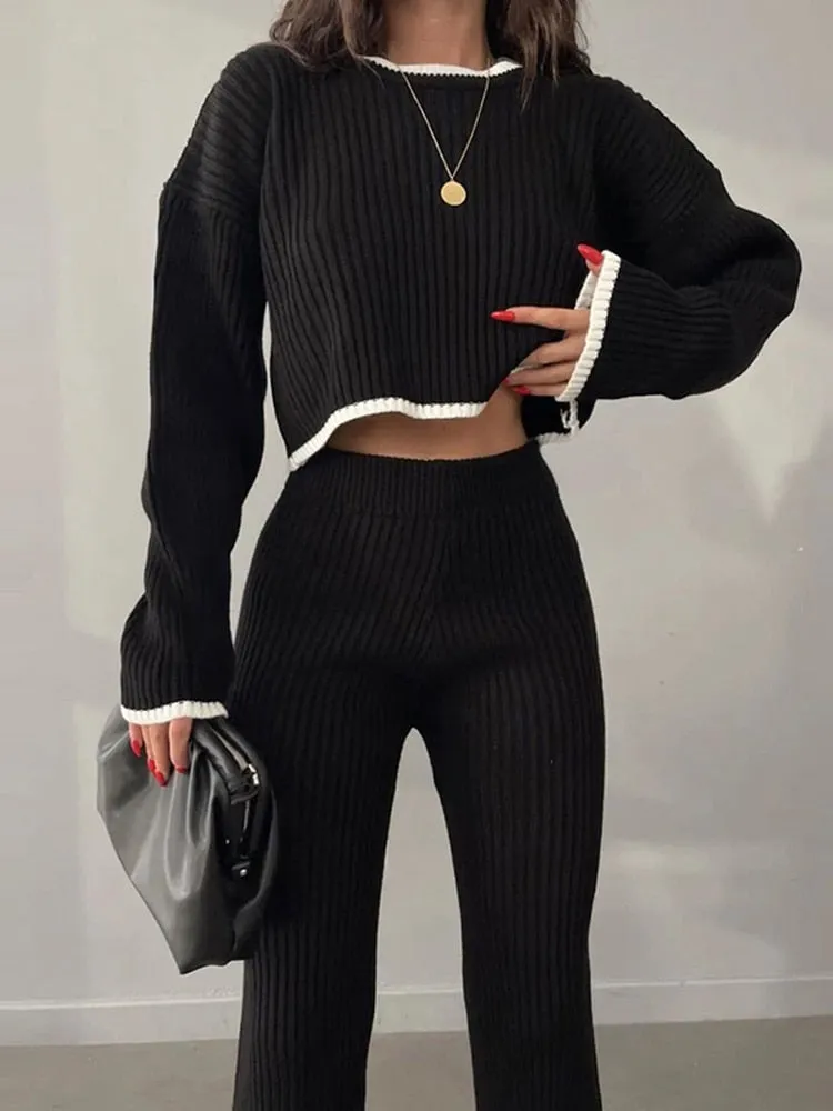 Knit Two Piece Crop Sweater Set For Women