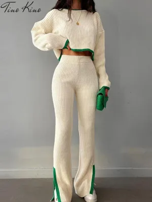 Knit Two Piece Crop Sweater Set For Women
