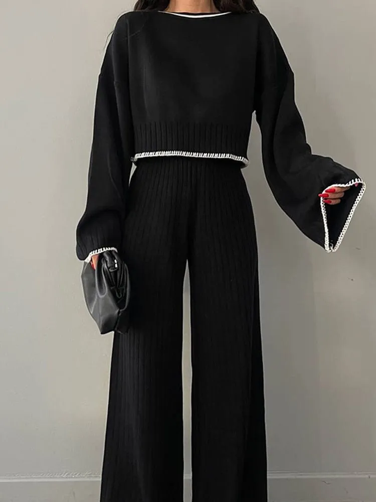 Knit Two Piece Crop Sweater Set For Women