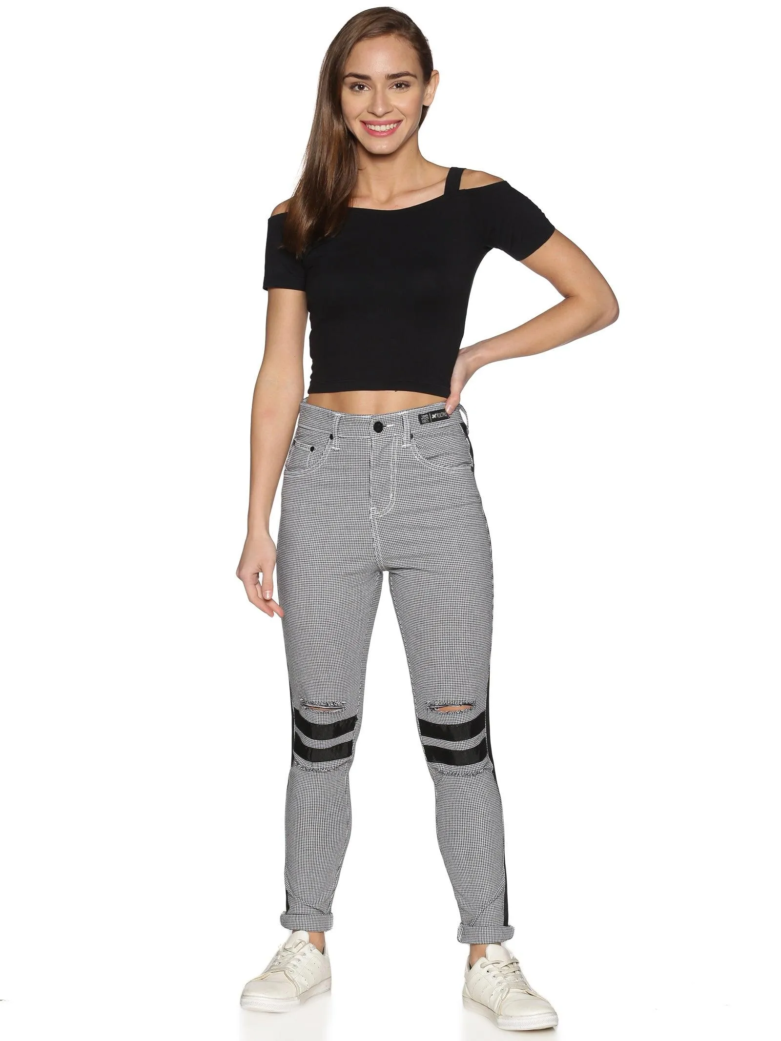 Kultprit Women Checked Trouser With Distressed & Knee Zipper