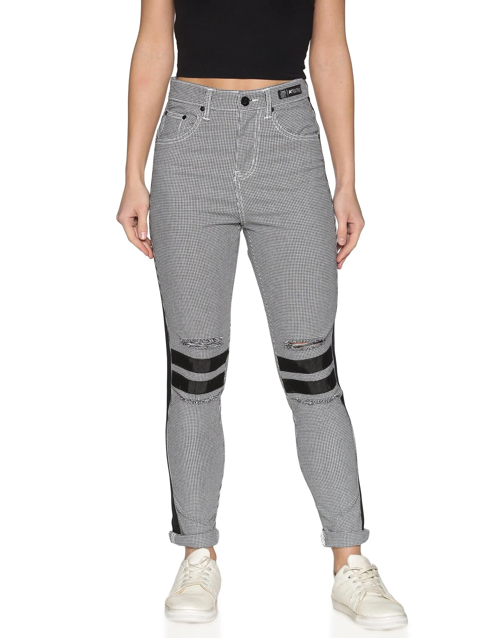 Kultprit Women Checked Trouser With Distressed & Knee Zipper