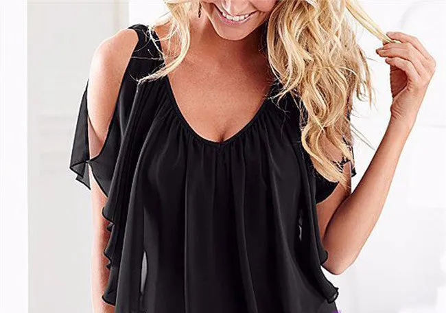 Lace Girl Women Tops Sleeveless Off Shoulder Stylish Women Irregular Chiffon Blouses Shirts