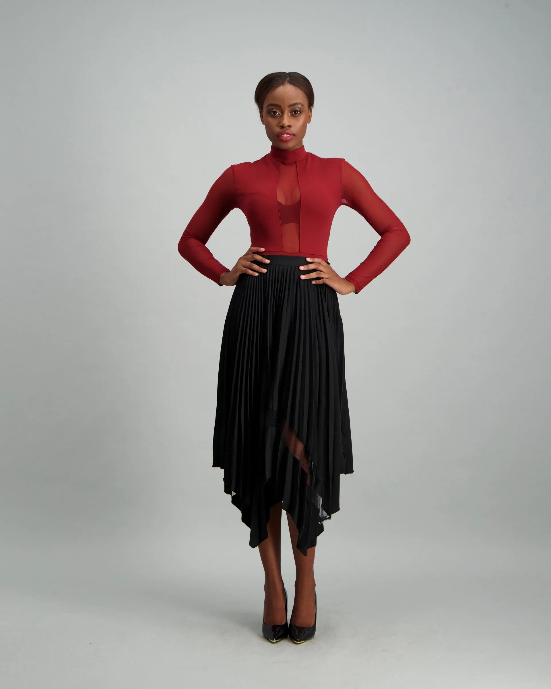Ladies Pleated Skirt with Dobby Mesh Inset - Black