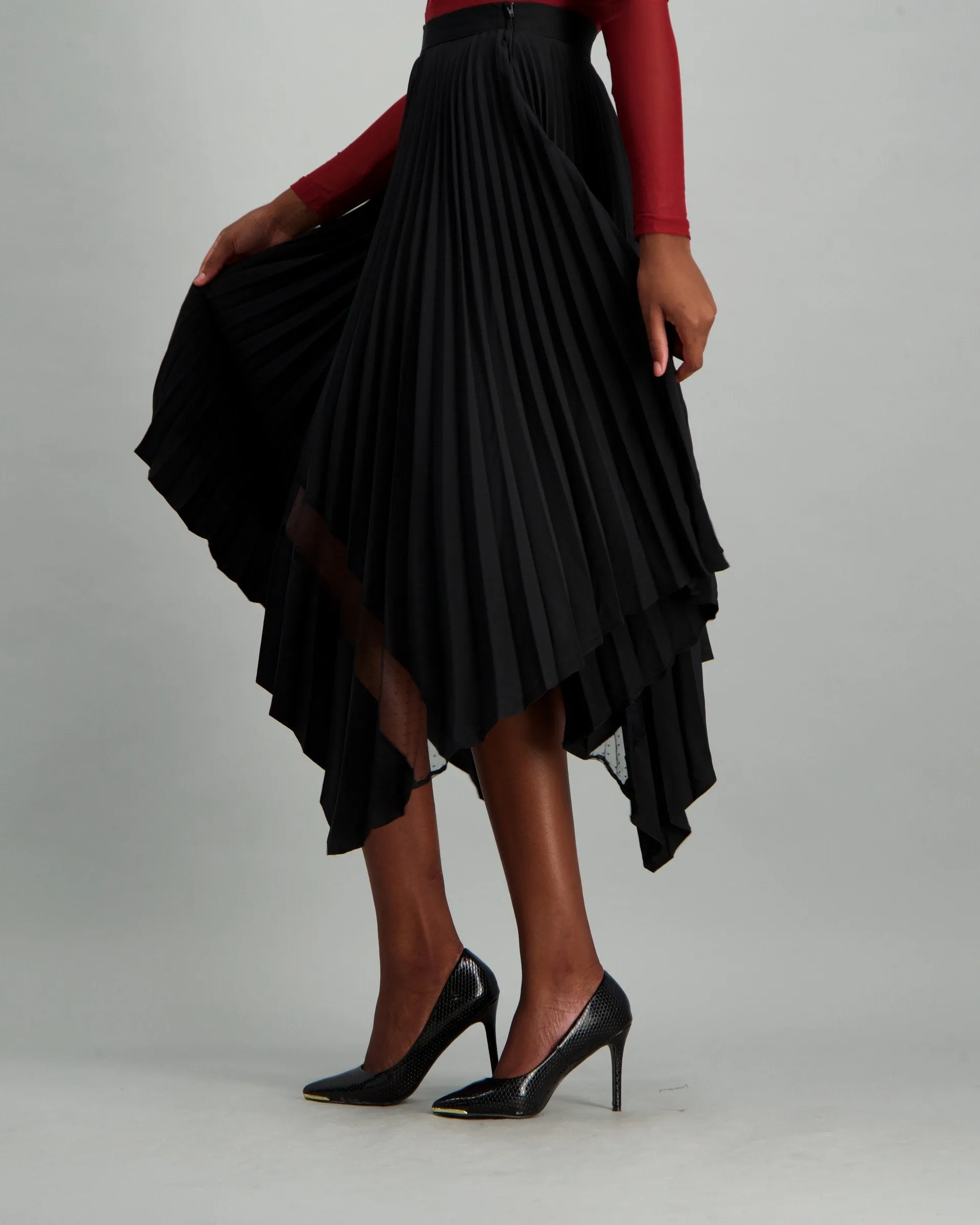 Ladies Pleated Skirt with Dobby Mesh Inset - Black
