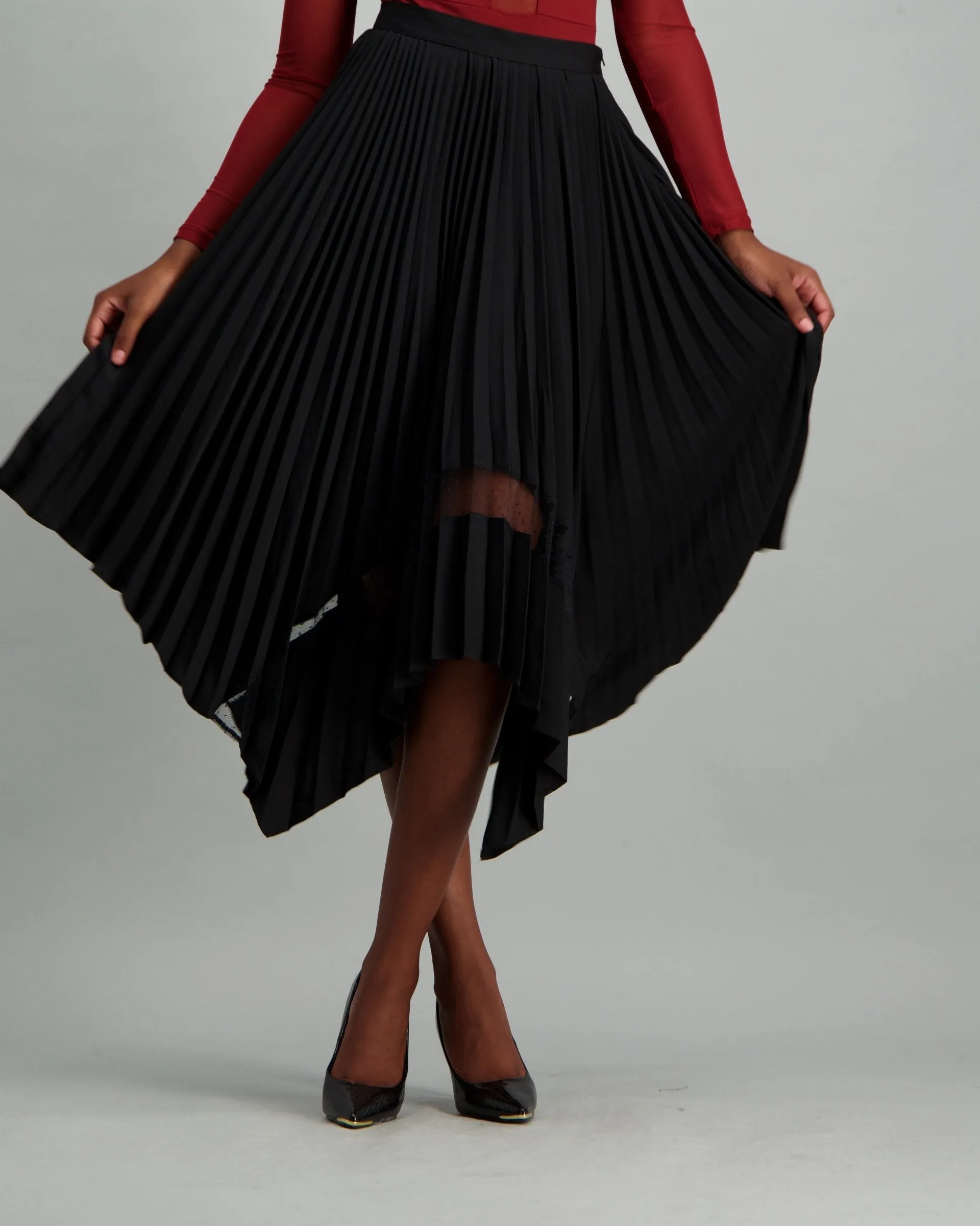 Ladies Pleated Skirt with Dobby Mesh Inset - Black
