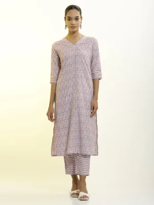Lavender Cotton Printed Straight Kurta Set