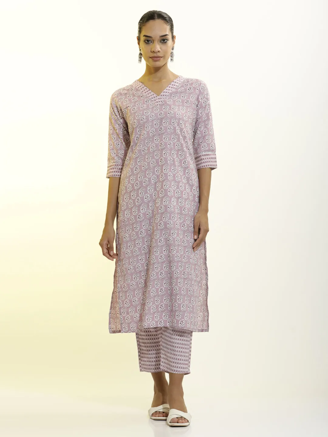 Lavender Cotton Printed Straight Kurta Set