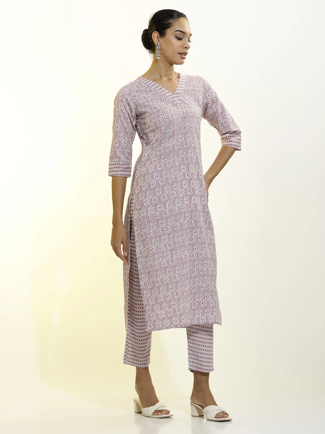 Lavender Cotton Printed Straight Kurta Set