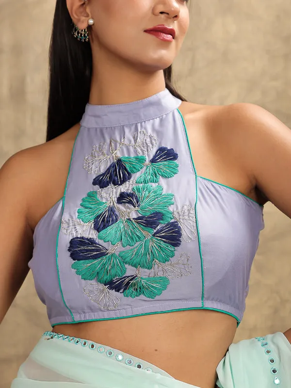 Lavender Hand Embroidered Halter Neck Padded Blouse