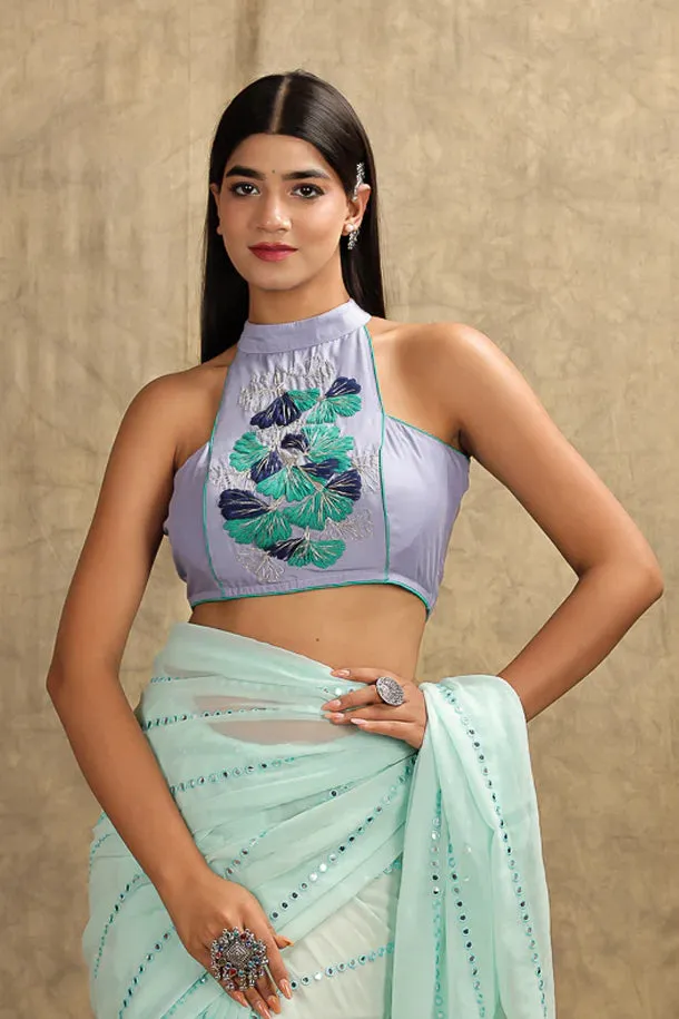 Lavender Hand Embroidered Halter Neck Padded Blouse