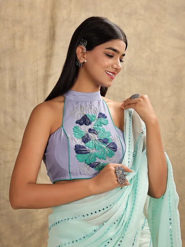 Lavender Hand Embroidered Halter Neck Padded Blouse