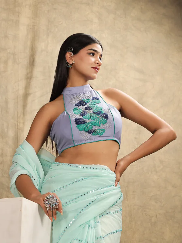 Lavender Hand Embroidered Halter Neck Padded Blouse