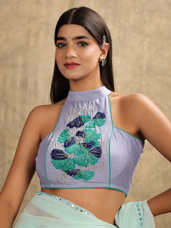 Lavender Hand Embroidered Halter Neck Padded Blouse