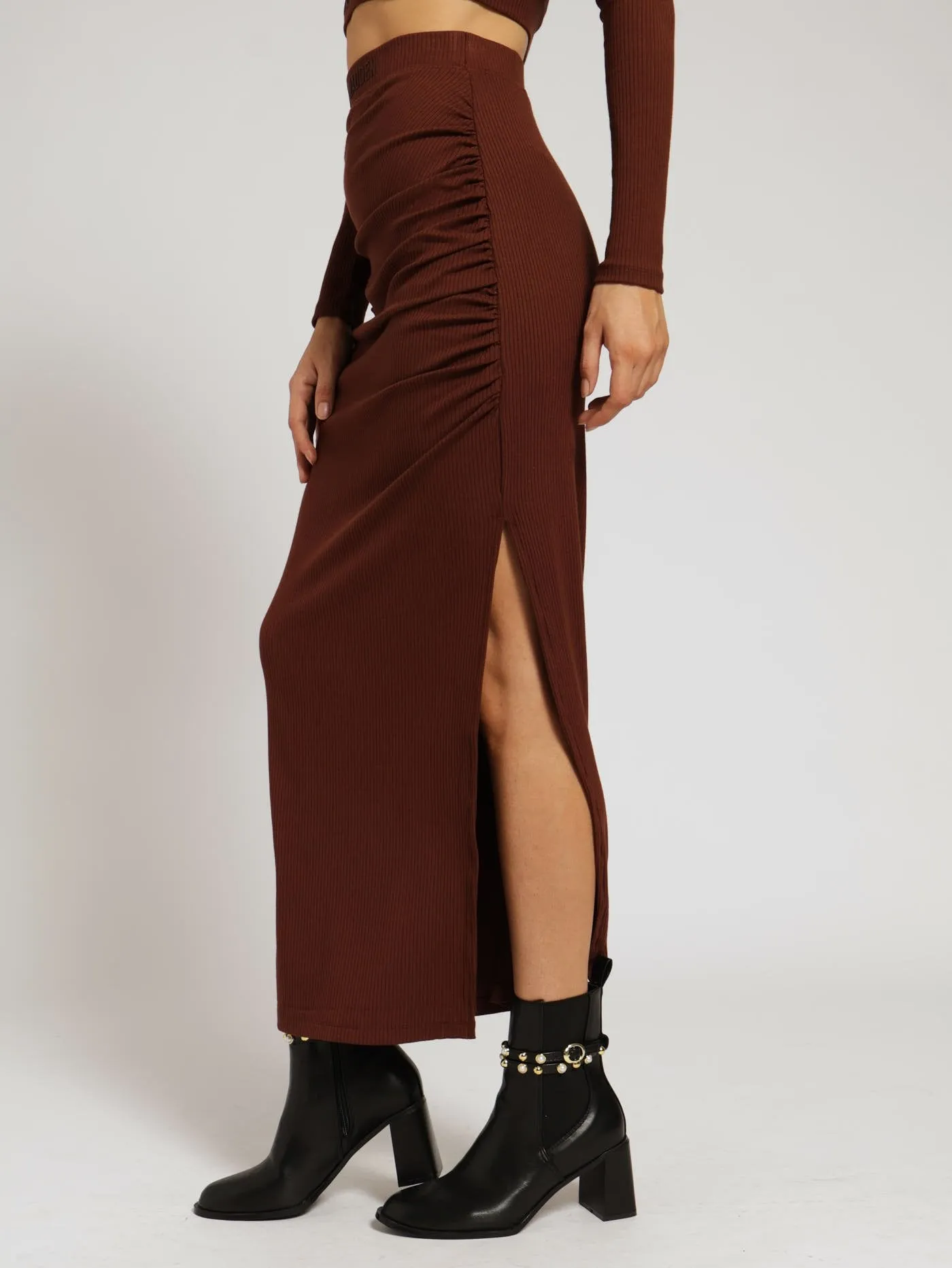 Layla High Waisted Rib Bodycon Midi Skirt - Chocolate