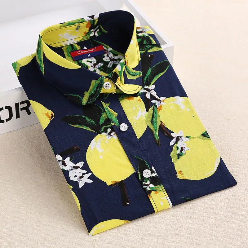 Lemon Floral Print Blouse Women Shirt Long Sleeve Cotton Blouse Turn Down Collar Women Tops And Blouses Fashion