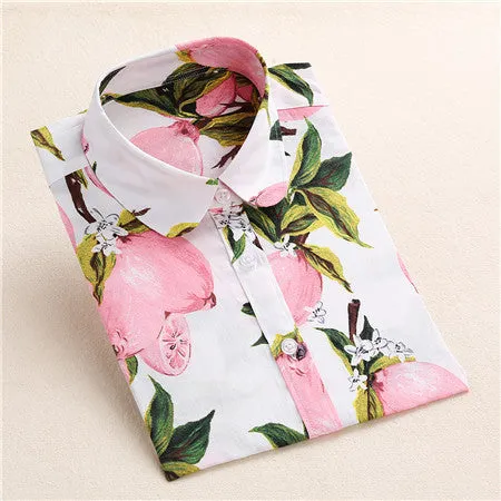 Lemon Floral Print Blouse Women Shirt Long Sleeve Cotton Blouse Turn Down Collar Women Tops And Blouses Fashion