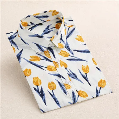 Lemon Floral Print Blouse Women Shirt Long Sleeve Cotton Blouse Turn Down Collar Women Tops And Blouses Fashion