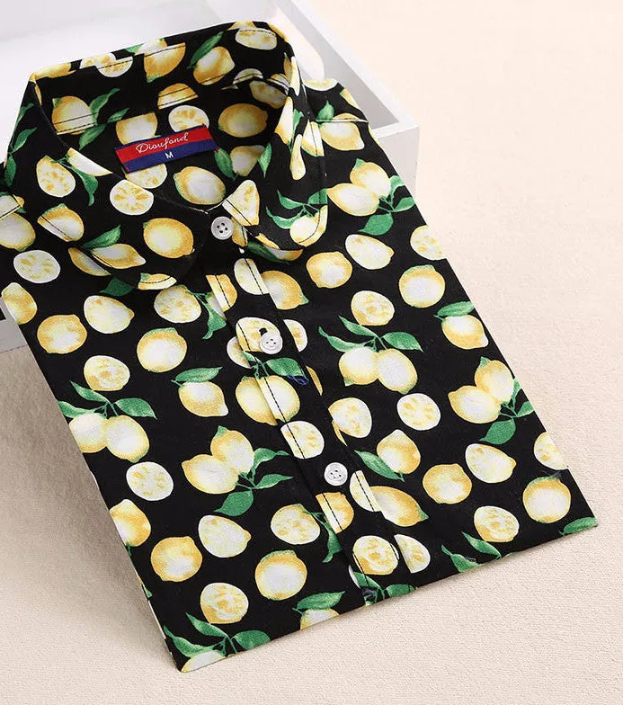 Lemon Floral Print Blouse Women Shirt Long Sleeve Cotton Blouse Turn Down Collar Women Tops And Blouses Fashion