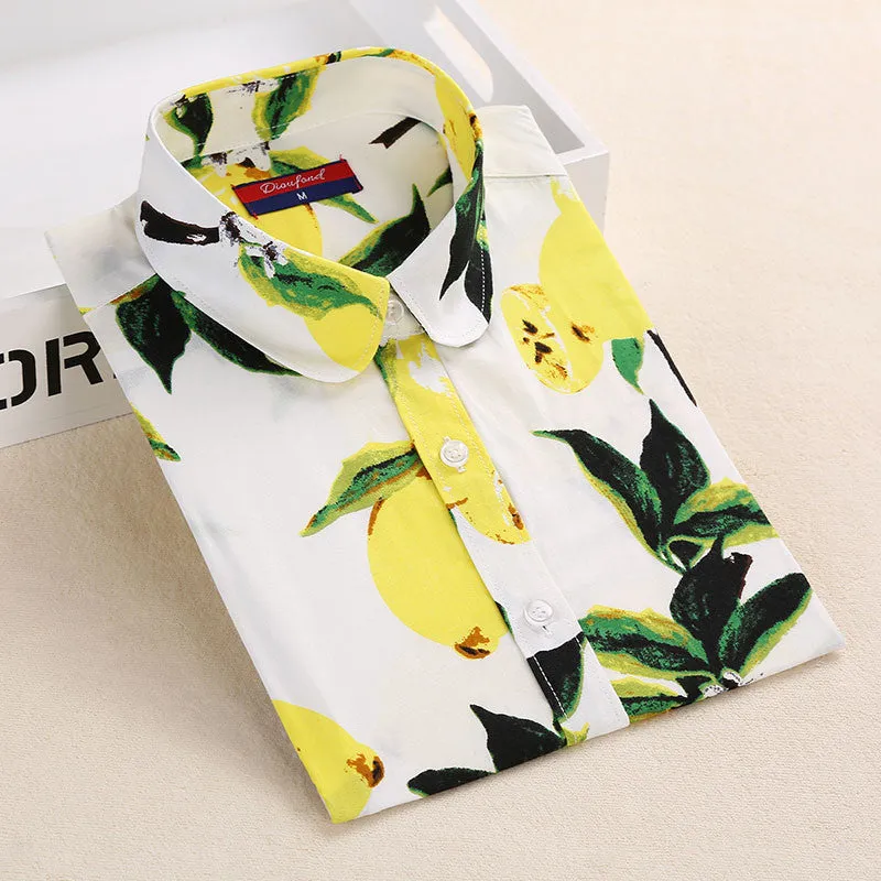 Lemon Floral Print Blouse Women Shirt Long Sleeve Cotton Blouse Turn Down Collar Women Tops And Blouses Fashion