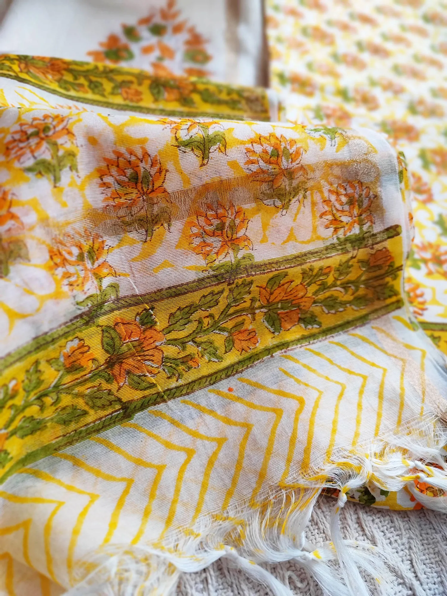 Lemon Yellow & White Floral Cotton Suit Set with Chiffon Dupatta