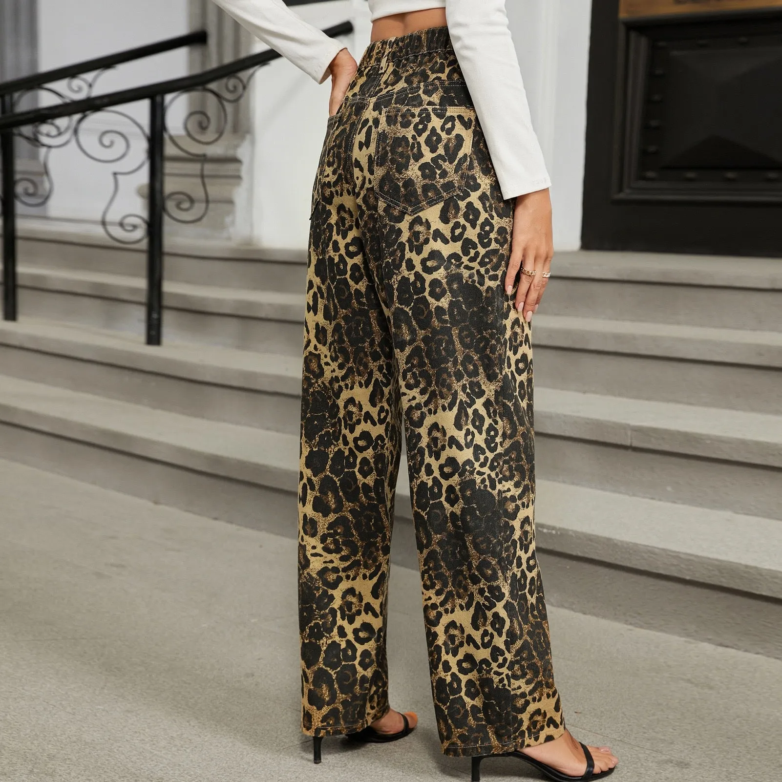 Leopard Print Cotton Denim Jeans
