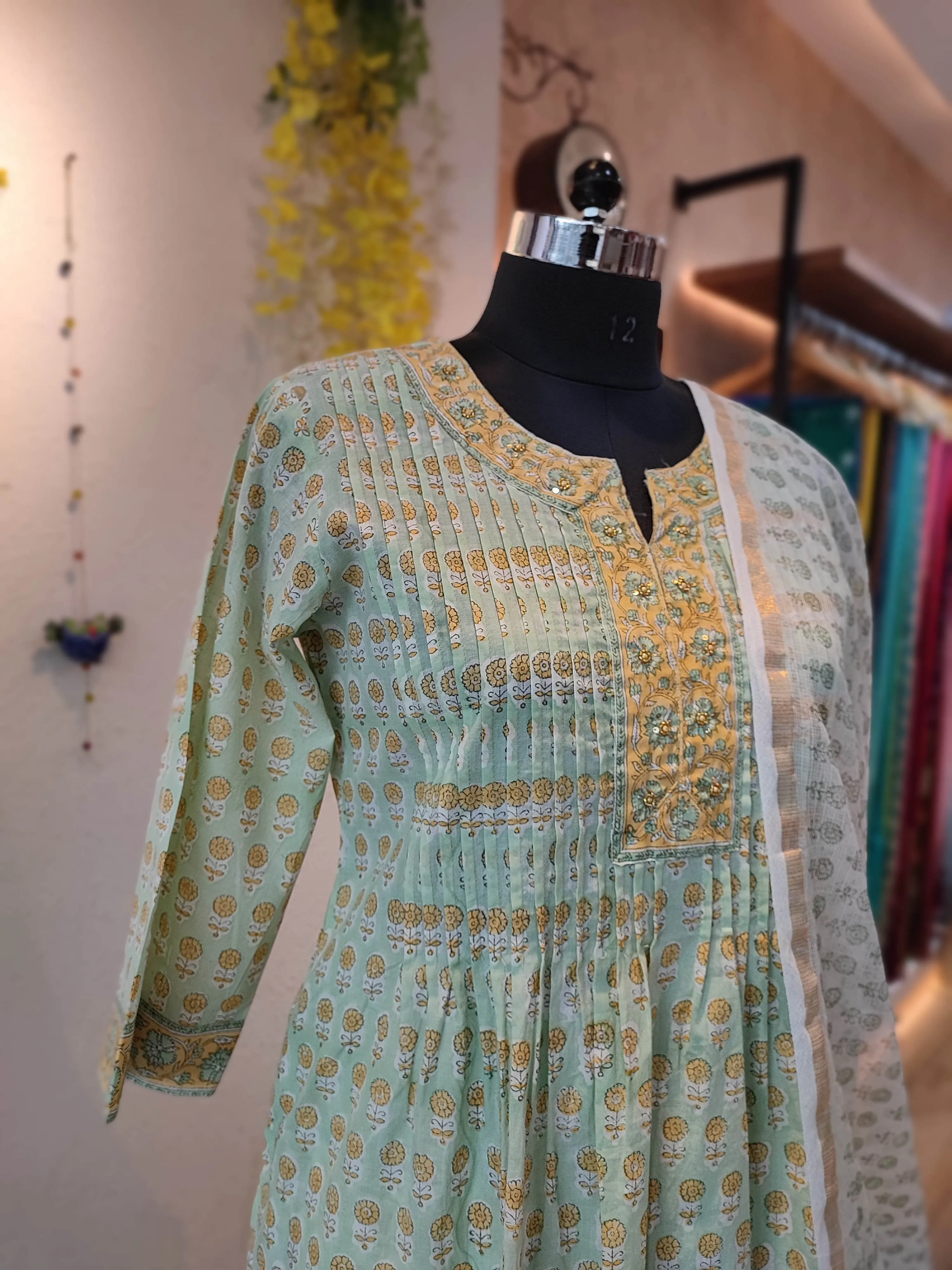 Light Green Handblock Cotton Suit With printed Pant and Sheer Kota Dupatta