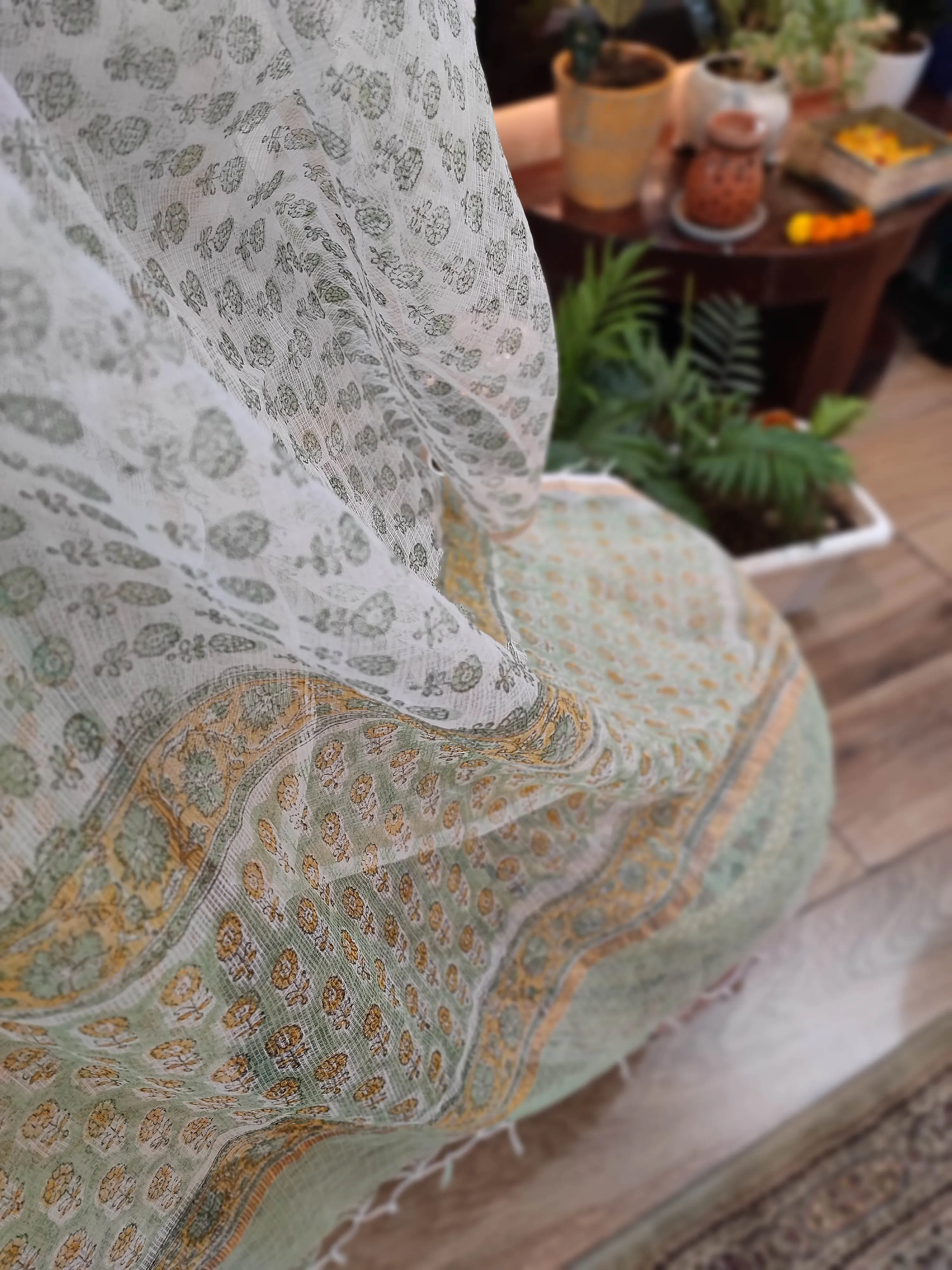 Light Green Handblock Cotton Suit With printed Pant and Sheer Kota Dupatta