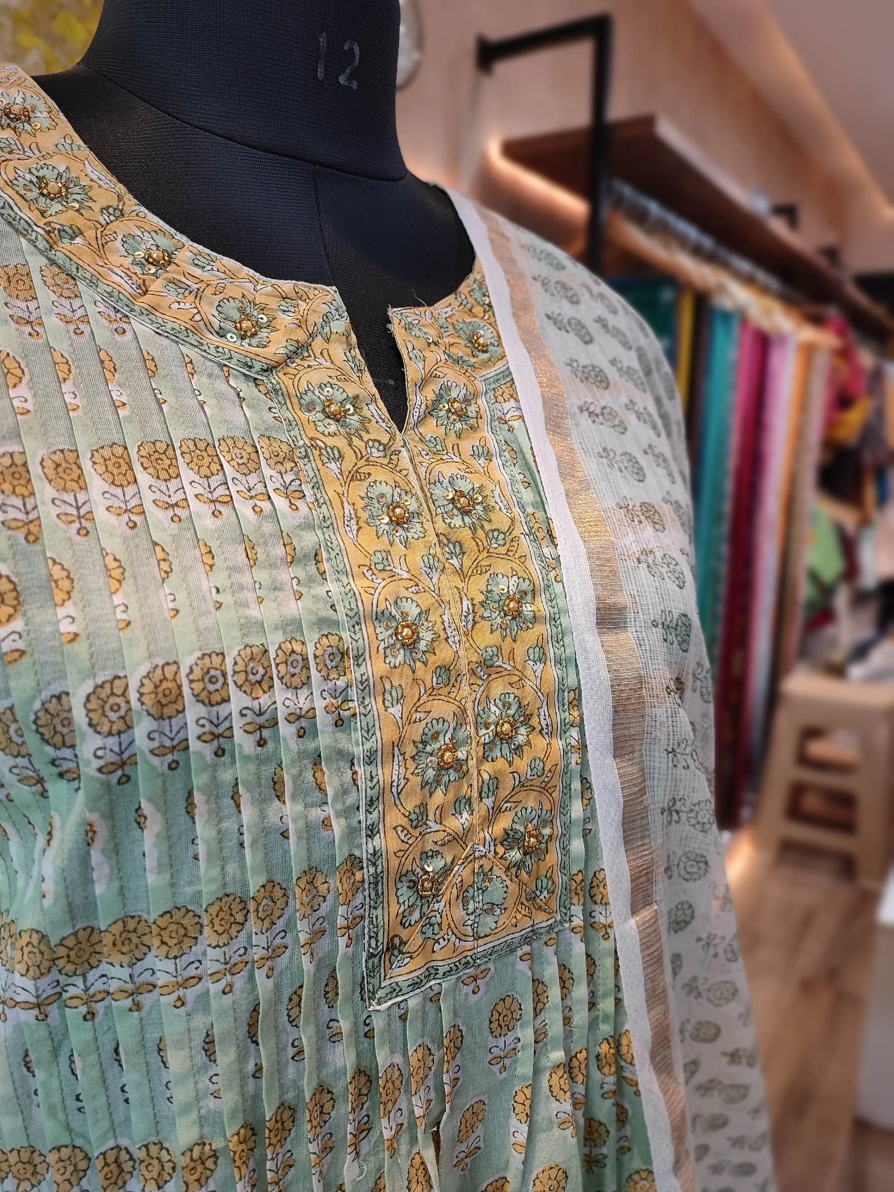 Light Green Handblock Cotton Suit With printed Pant and Sheer Kota Dupatta