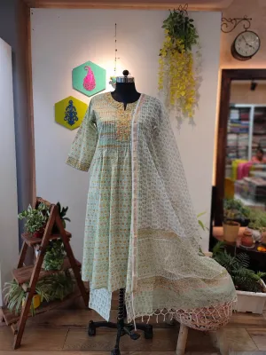 Light Green Handblock Cotton Suit With printed Pant and Sheer Kota Dupatta