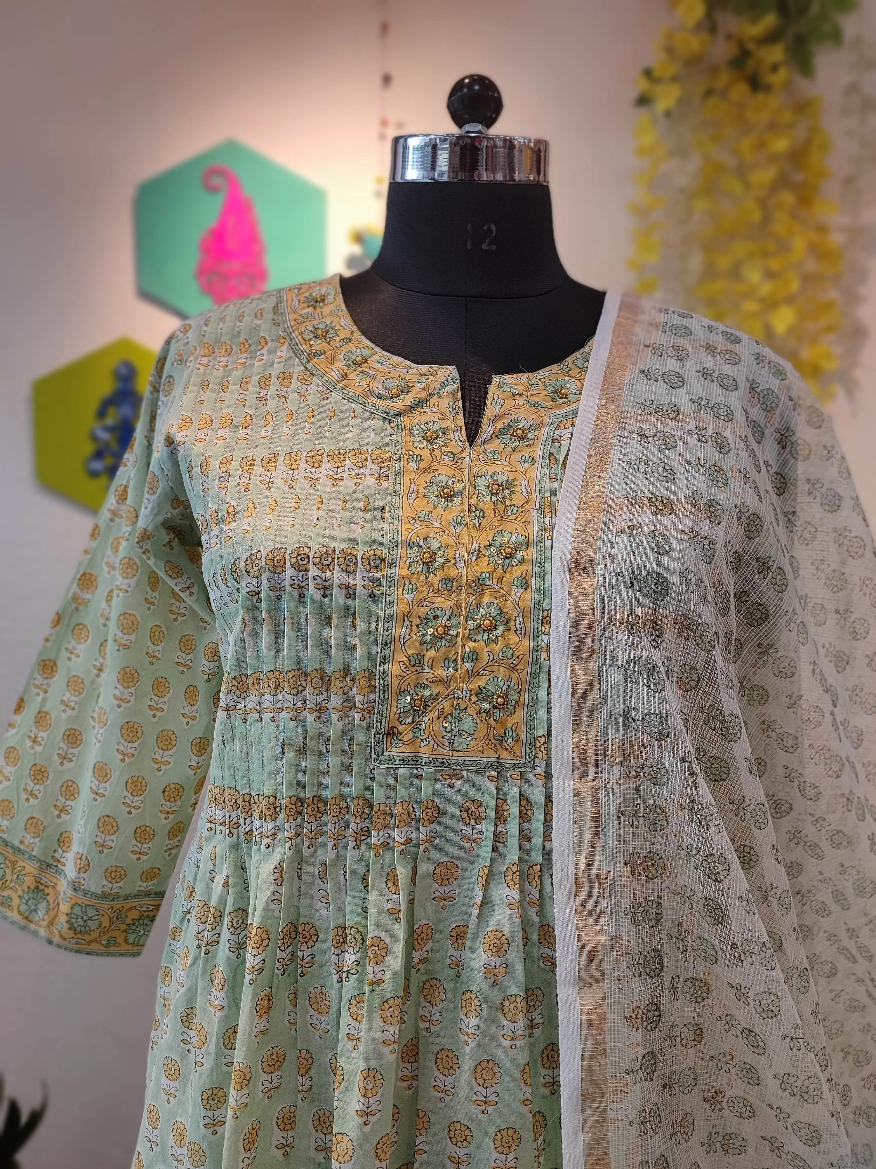 Light Green Handblock Cotton Suit With printed Pant and Sheer Kota Dupatta