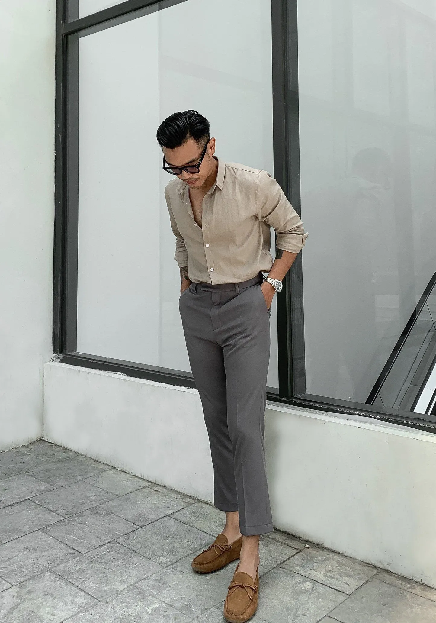 LIGHT GREY STRAP TROUSERS