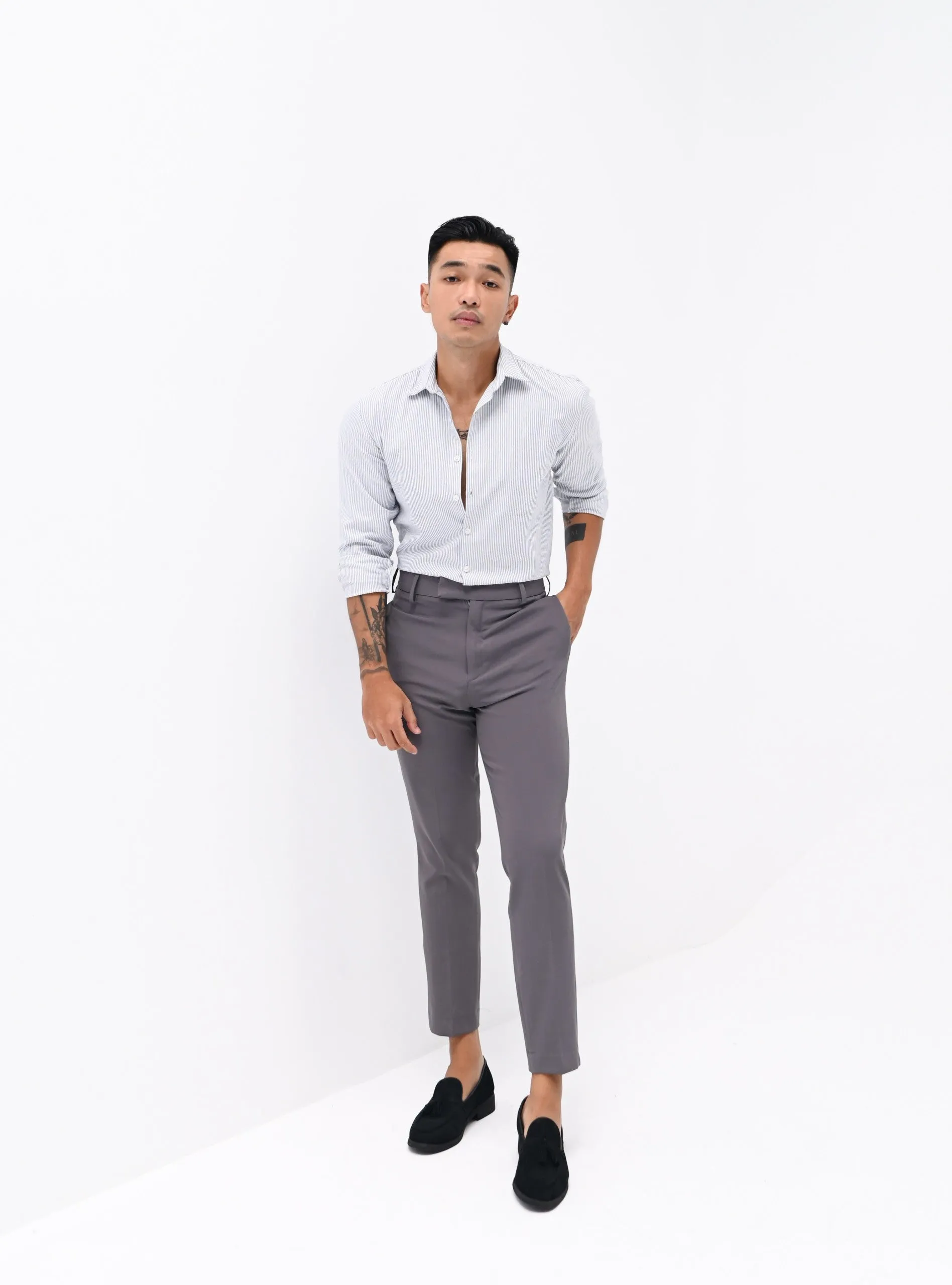 LIGHT GREY STRAP TROUSERS