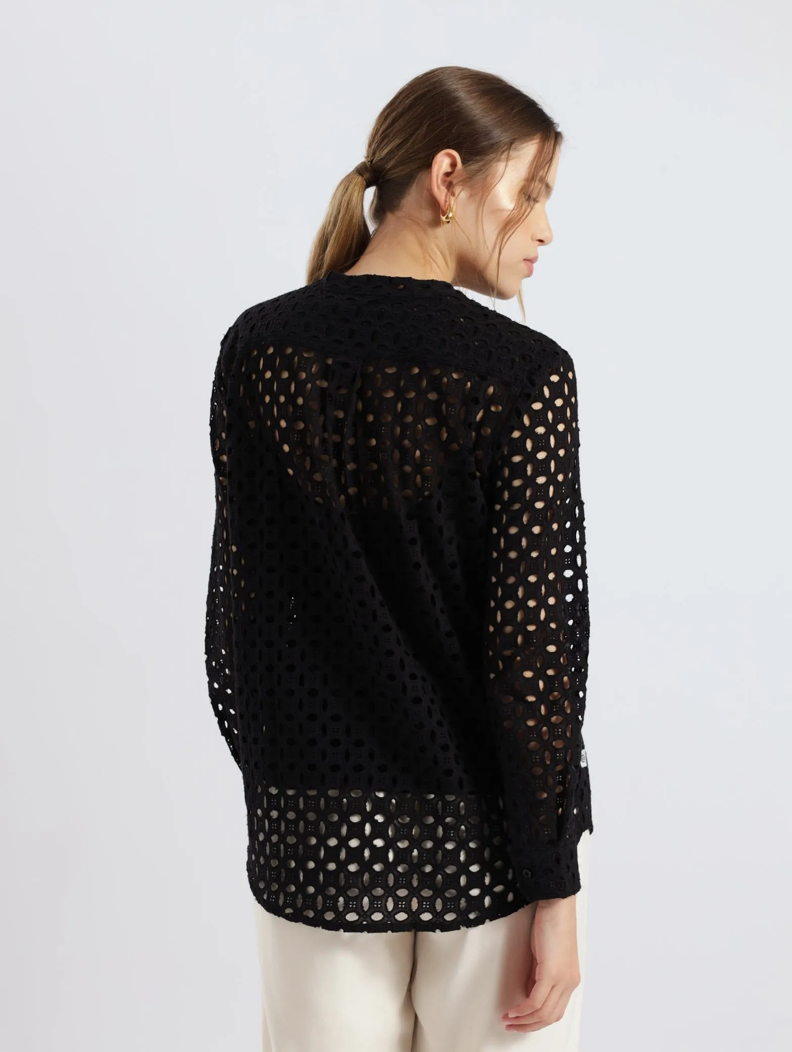 Long Sleeve Mandarin Collar Anglaise Shirt - Black