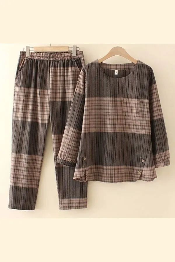 Long Sleeve Plaid Printing Pant Suits