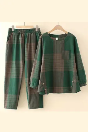 Long Sleeve Plaid Printing Pant Suits
