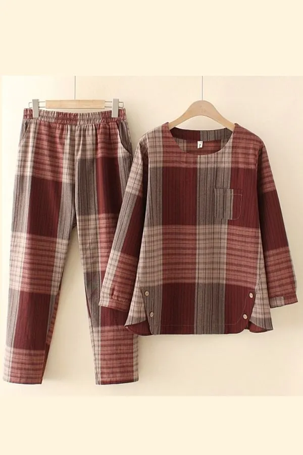 Long Sleeve Plaid Printing Pant Suits