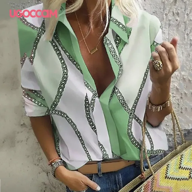Long Sleeve Women Print Chiffon Blouse