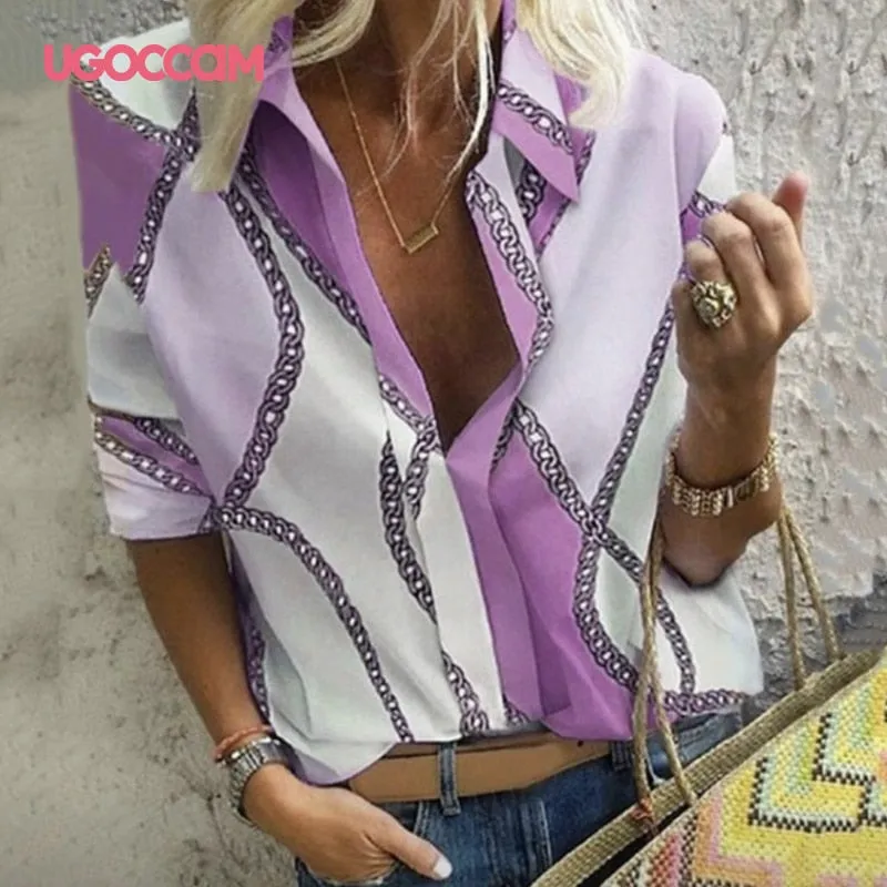Long Sleeve Women Print Chiffon Blouse